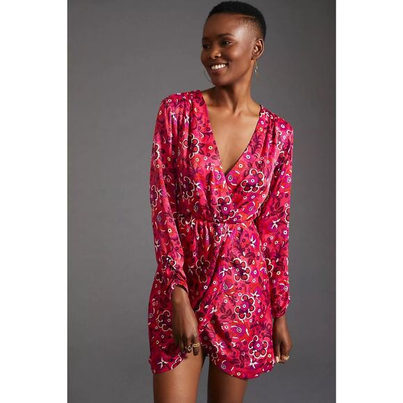 Maeve Anthropologie Pink Floral Print Long Sleeve Wrap Mini Dress Size Medium - Picture 1 of 16